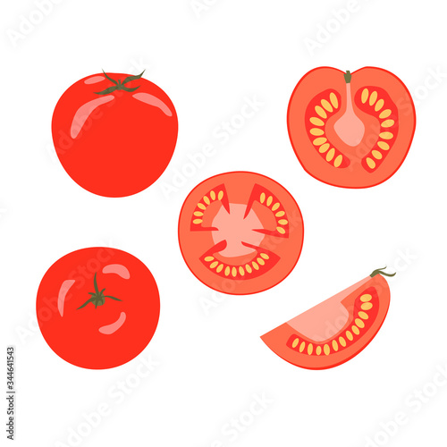 Set of fresh red tomatoes isolated on the white background. Half a tomato  a slice of tomato  cherry tomato. Vector stock illustration in the cartoon style.