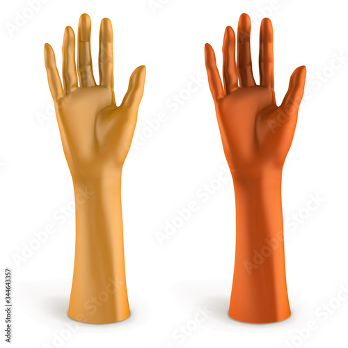 Female plastic hands (palm). Gold and bronze mannequin. Jewelry holder. Vector 3d realistic illustration isolated on white background.