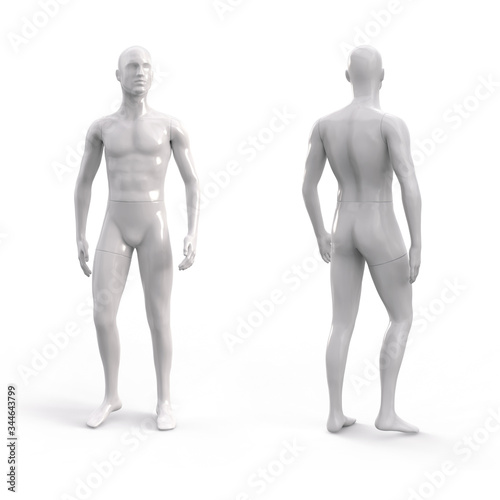 White plastic male mannequin for clothes. Commercial equipment for shop windows. Front and back view. 3d illustration isolated on a white background.