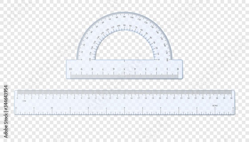 Realistic plastic ruler and protractor. Half circle plastic transparent protractor mockup. Cm and inches ruler. Vector illustration isolated on transparent background.