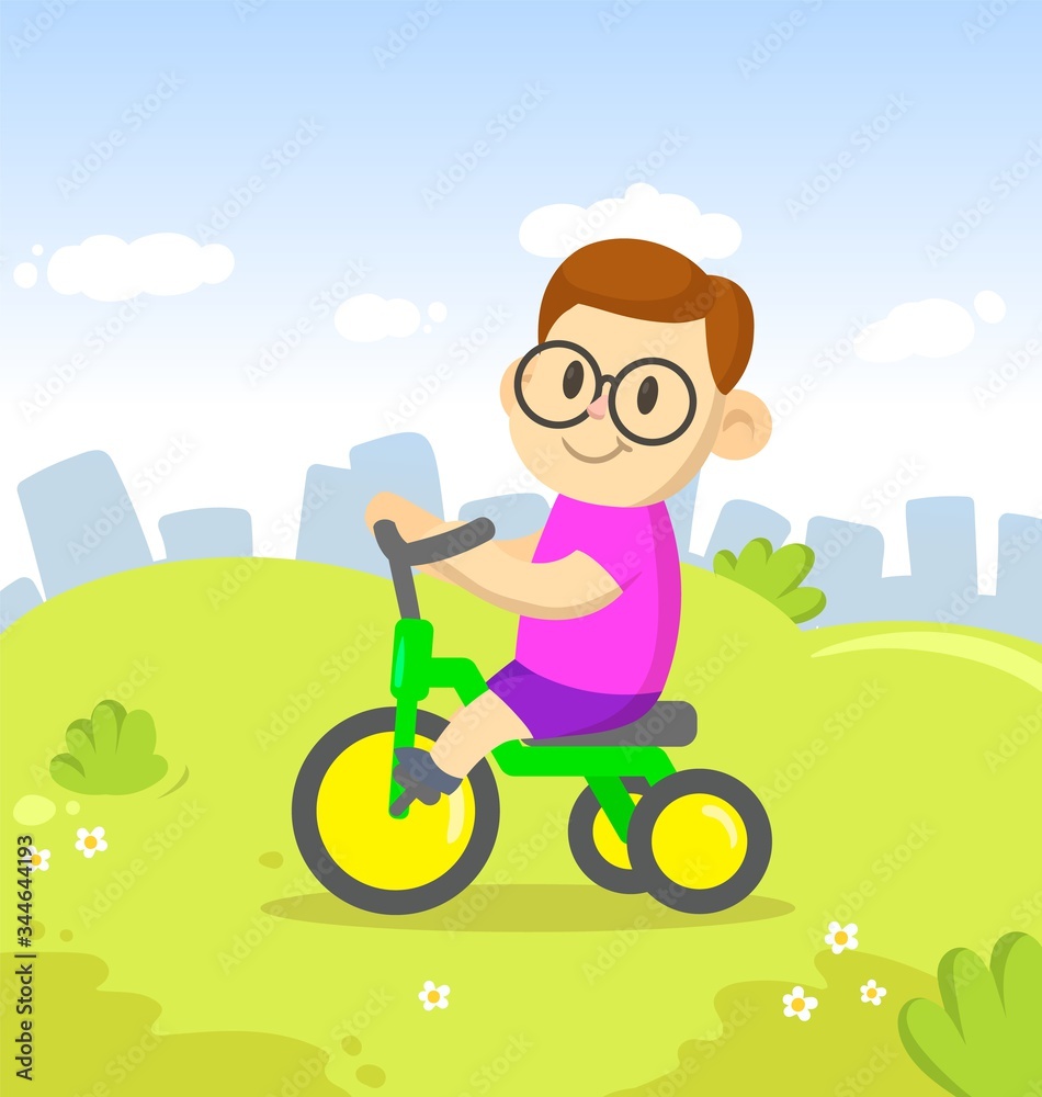 Smiling boy riding a bicycle in the city park. Sport and fitness. Colorful cartoon flat vector illustration.