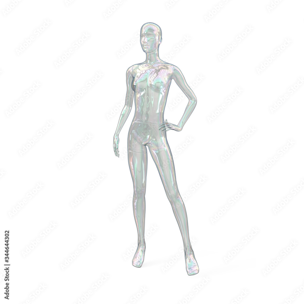 Glass transparent multi-colored female mannequin. Front view. Woman shaped soap bubble. Female invisible figure. 3d illustration isolated on a white background. Glass transparent multi-colored female mannequin. Front view. Woman shaped soap bubble. Female invisible figure. 3d illustration isolated on a white background.