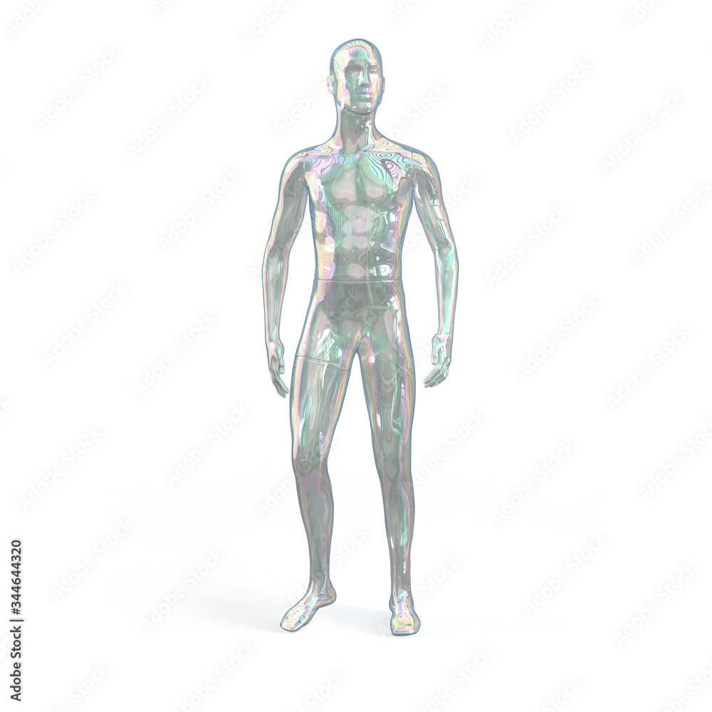 Glass transparent multi-colored male mannequin. Front view. Man shaped soap bubble. Male invisible figure. 3d illustration isolated on a white background.