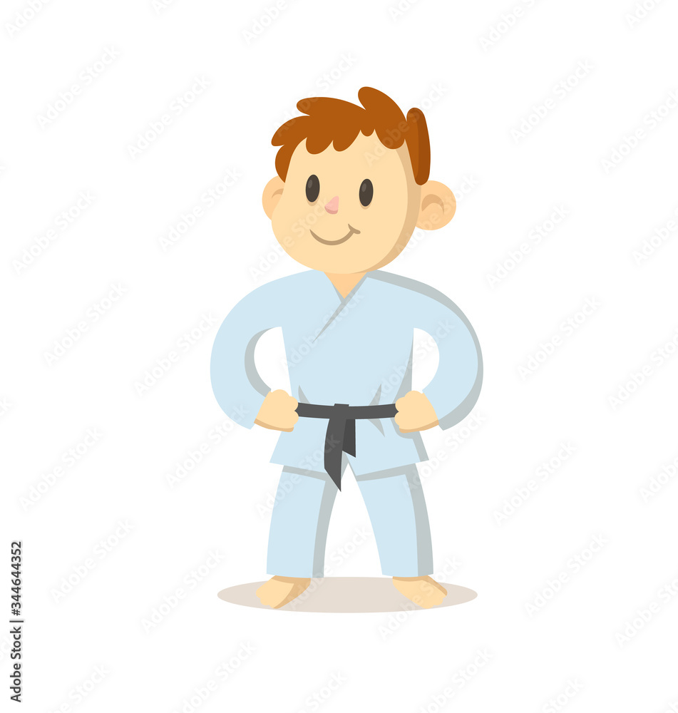 Smiling boy in karate kimono, cartoon character. Sport and fitness. Colorful cartoon flat vector illustration. Isolated on white background. Smiling boy in karate kimono, cartoon character. Sport and fitness. Colorful cartoon flat vector illustration. Isolated on white background.