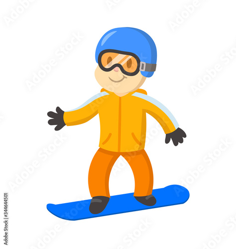 Funny cute snowboarder boy cartoon character. Winter sports. Colorful flat vector illustration, isolated on white background.
