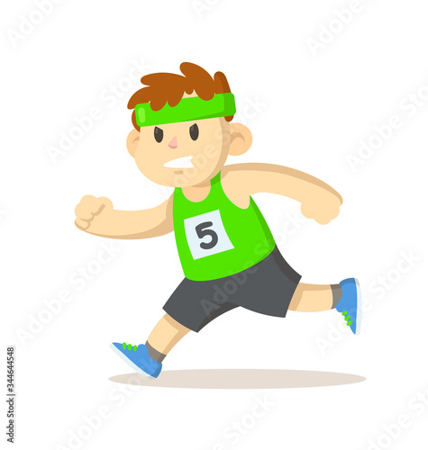 Funny boy wearing headband running. Sport and fitness. Colorful flat vector illustration, isolated on white background.