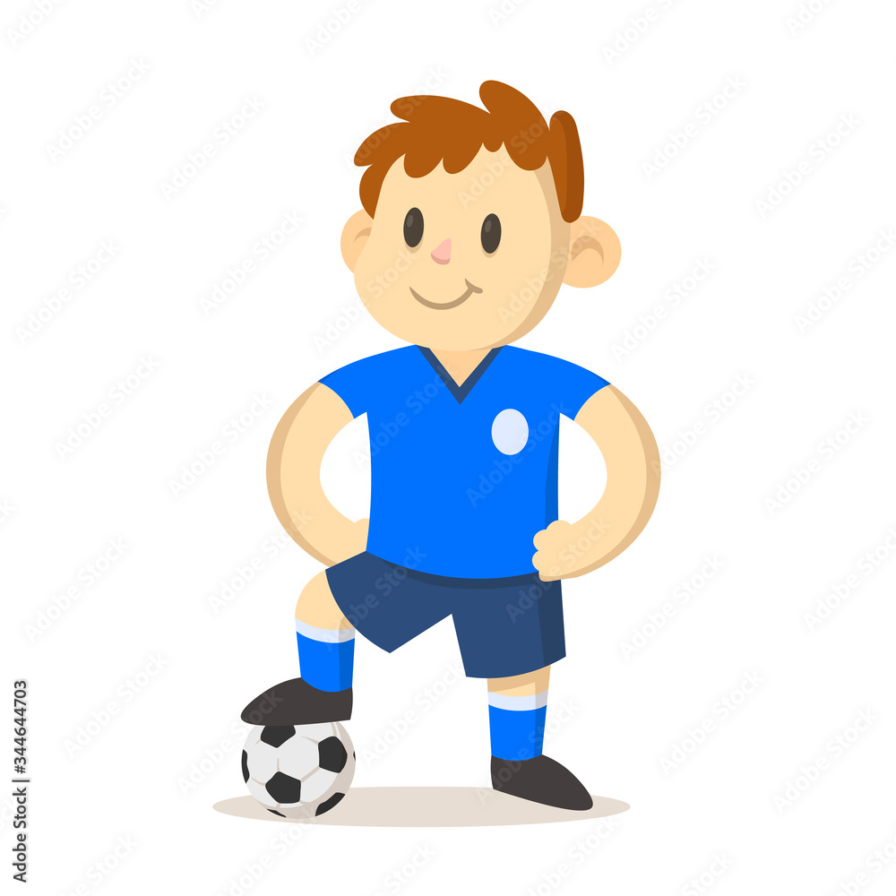 Smiling young football player with his foot on football. Cartoon character. Sport and fitness. Colorful cartoon flat vector illustration. Isolated on white background. Smiling young football player with his foot on football. Cartoon character. Sport and fitness. Colorful cartoon flat vector illustration. Isolated on white background.