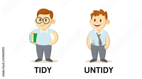 Words TIDY and UNTIDY flashcard with text cartoon characters. Opposite adjectives explanation card. Flat vector illustration, isolated on white background.