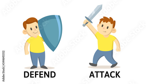 Words DEFEND and ATTACK flashcard with text cartoon characters. Opposite verbs explanation card. Flat vector illustration, isolated on white background.