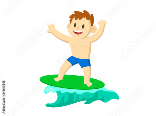 Happy young surfer boy on the crest wave. Colorful flat vector illustration, isolated on white background.