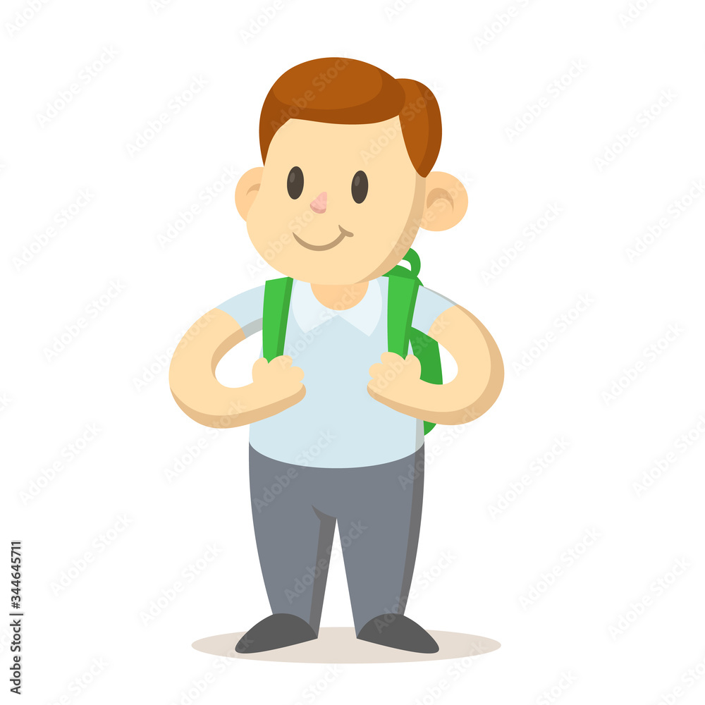 Smiling schoolboy with green backpack, cartoon character. Colorful flat vector illustration, isolated on white background.