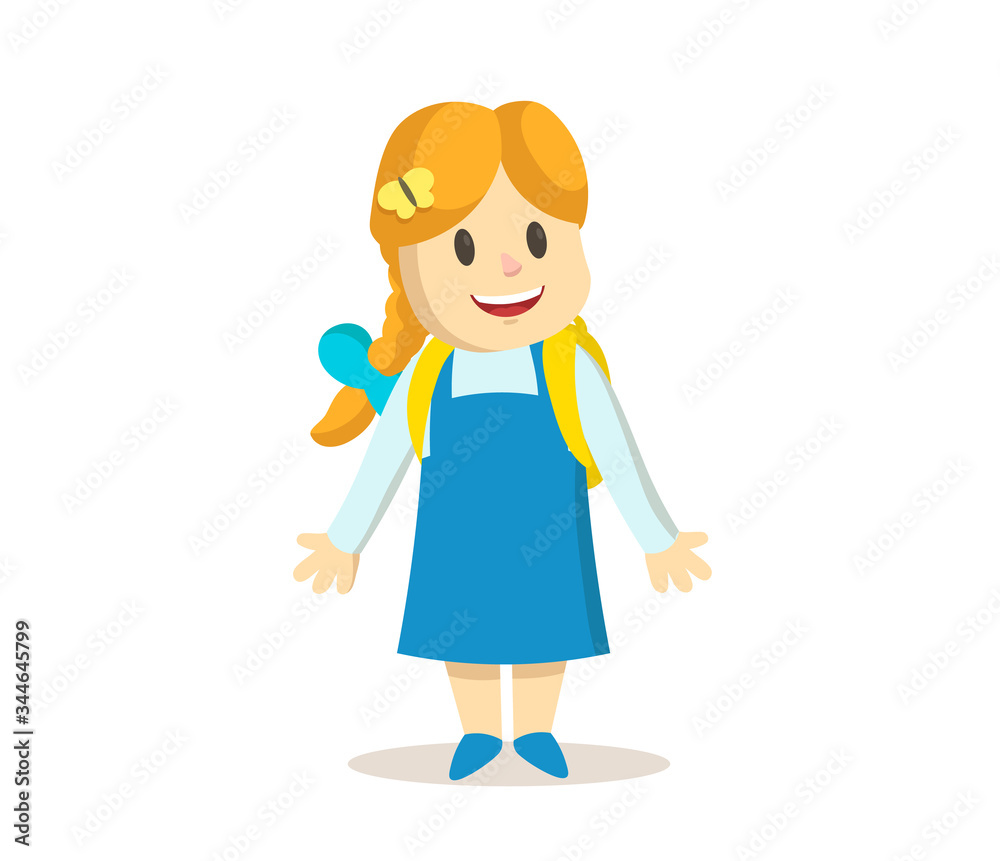 Cute smiling little girl in blue dress, cartoon character. Colorful flat vector illustration, isolated on white background. Cute smiling little girl in blue dress, cartoon character. Colorful flat vector illustration, isolated on white background.