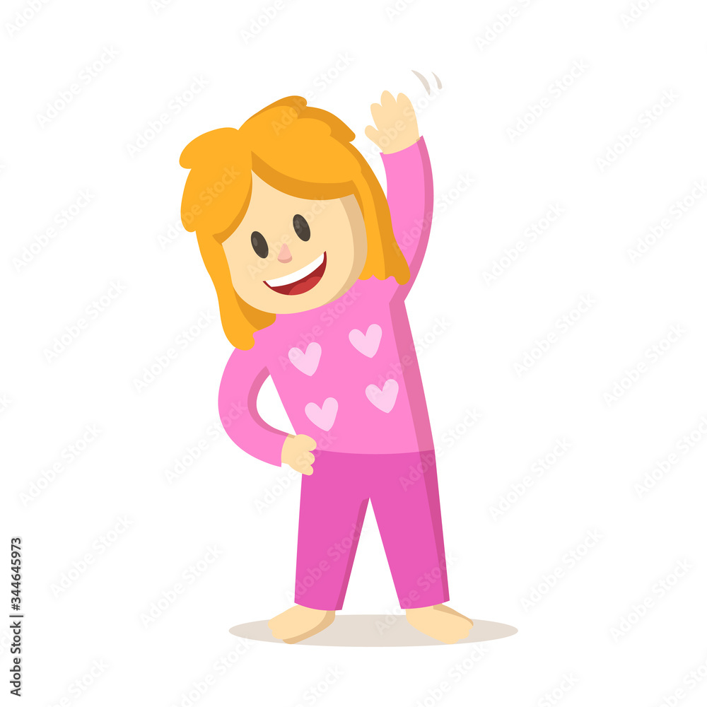 Smiling girl doing morning exercises, daily routine activities. Colorful flat vector illustration, isolated on white background.