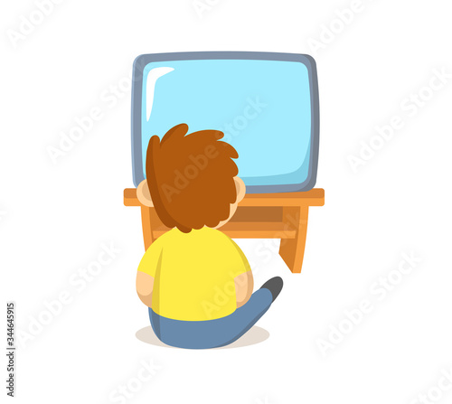 Boy sitting in front of TV. Colorful flat vector illustration, isolated on white background.