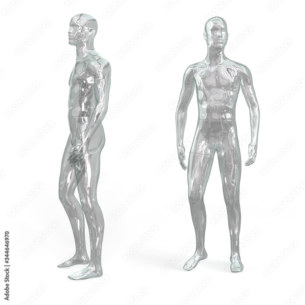 Glass transparent male mannequin. Front and side view. Male invisible figure. 3d illustration isolated on a white background. Glass transparent male mannequin. Front and side view. Male invisible figure. 3d illustration isolated on a white background.