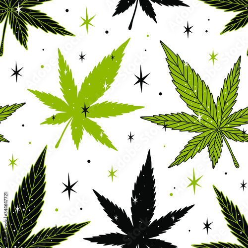 Weed background. Fun doodle seamless vector pattern with marijuana leaves and stars.