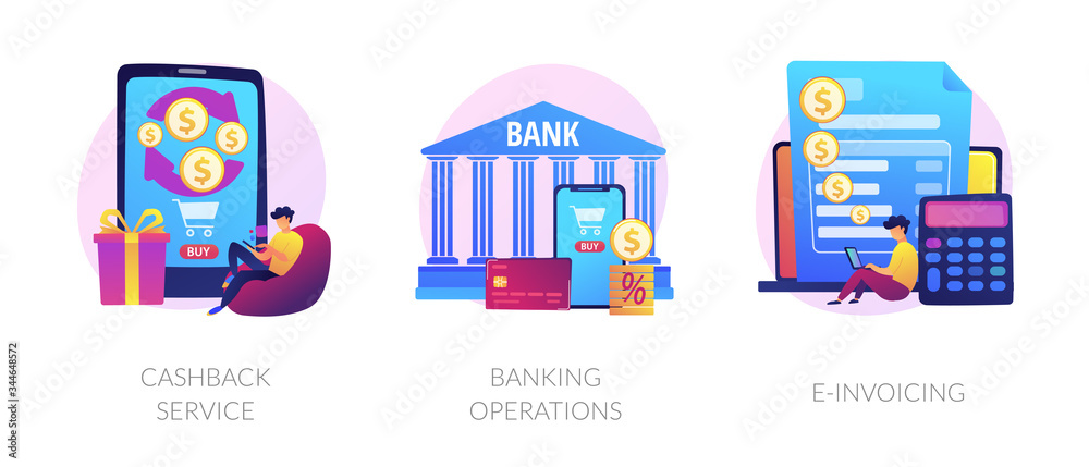 E banking icons set. Return on investment, financial services, internet tax payment. Cashback service, banking operations, e-invoicing metaphors. Vector isolated concept metaphor illustrations E banking icons set. Return on investment, financial services, internet tax payment. Cashback service, banking operations, e-invoicing metaphors. Vector isolated concept metaphor illustrations