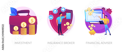 Finances management, economic protection service, professional consulting icons set. Investment, insurance broker, financial adviser metaphors. Vector isolated concept metaphor illustrations