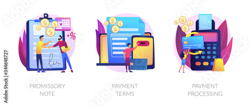 Money loan contract, exchange bill, online banking service, cash withdrawal icons set. Promissory note, payment terms, payment processing metaphors. Vector isolated concept metaphor illustrations photo