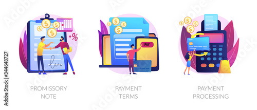Money loan contract, exchange bill, online banking service, cash withdrawal icons set. Promissory note, payment terms, payment processing metaphors. Vector isolated concept metaphor illustrations