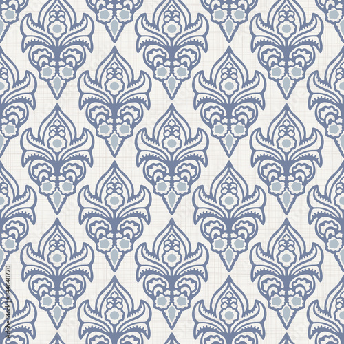 Seamless french fleur de lis medallion pattern . Linen shabby chic style. Hand drawn damask texture. Antique blue  background. Classical wallpaper home decor swatch. Ornate flourish all over print
