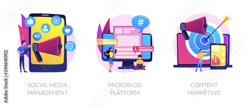 SMM business, internet blogging network, advertising strategy icons set. Social media management, microblog platform, content marketing metaphors. Vector isolated concept metaphor illustrations photo