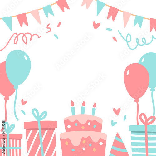Vector illustration of happy birthday postcard with free space for text lettering. Party elements, balloons, cake, gift box, party hat, flags and glitter. For greeting card, design, print, poster