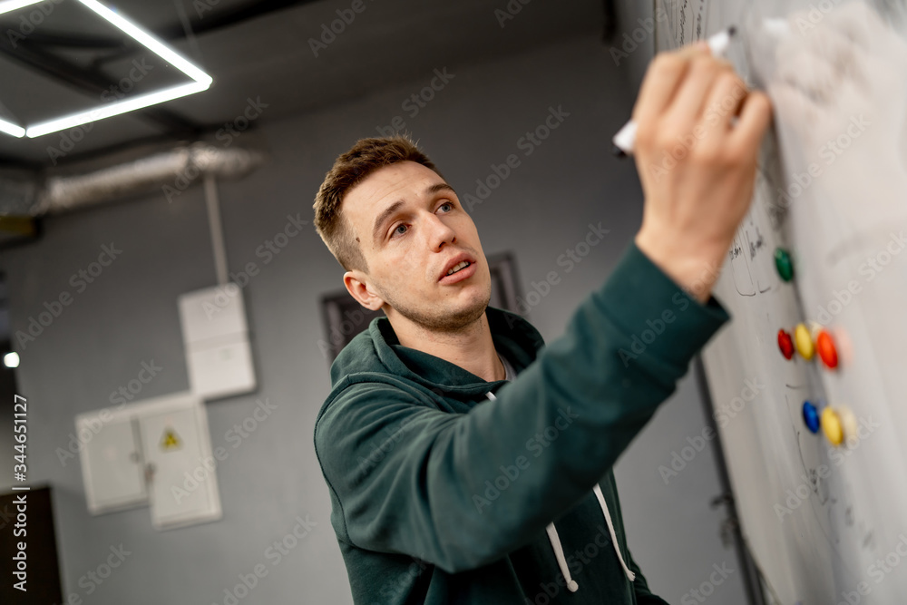 Professional young business trainerin casual clothes near whiteboard in office. Professional young business trainerin casual clothes near whiteboard in office.