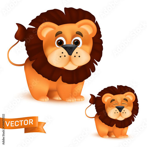 Cute standing and smiling cartoon baby lion character. Vector illustration of an african wildlife mascot newborn animal isolated on white background