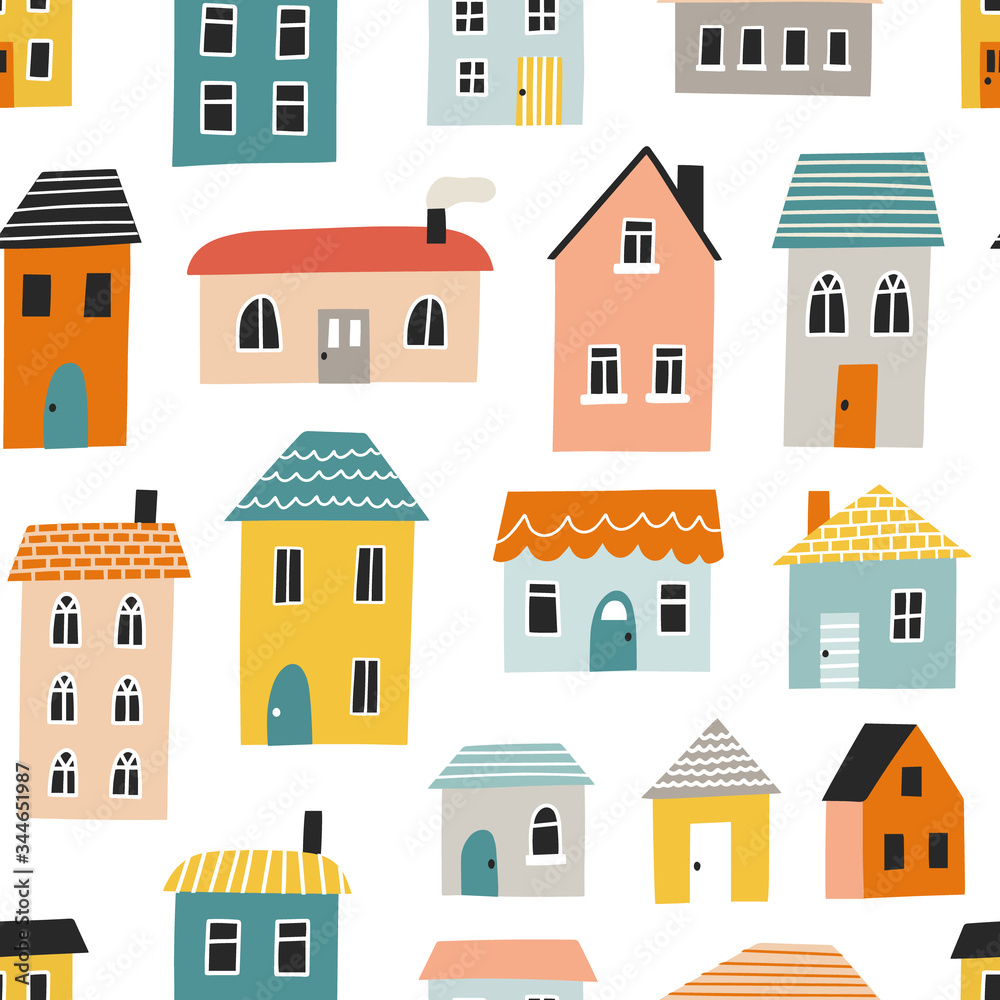 Seamless pattern with cute houses. Hand drawn vector illustration for nursery textile or wallpaper design