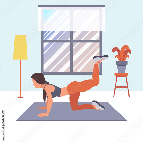 A girl is doing sport at home, pumps up the ass by exercises. Vector flat illustration of fitness workout, training, sports activity, the gym at home in quarantine