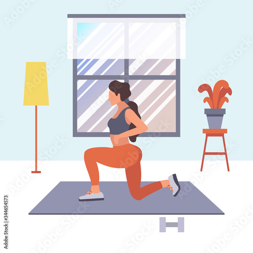 A girl is doing sport at home, pumps up the ass and legs by exercises. Vector flat illustration of fitness workout, training, sports activity, the gym at home in quarantine