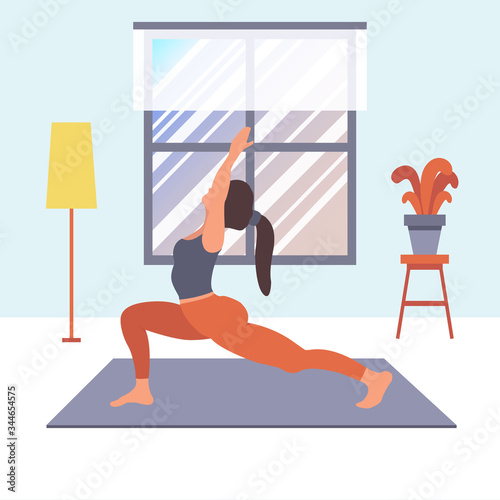 A girl is doing sport at home and stretching with yoga exercises. Vector flat illustration of fitness workout, training, sports activity, the gym at home in quarantine