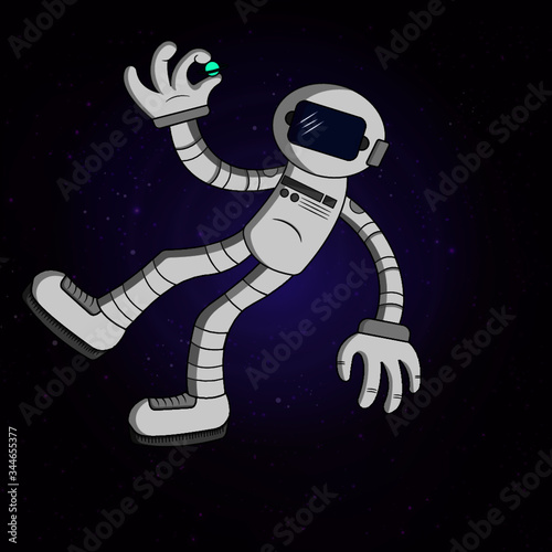 Astronauta en el espacio con un planeta en la mano y estrellas de fondo
