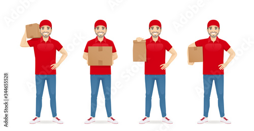 Handsome delivery man in red uniform standing in different poses with box and paper packet set isolated vector illustration