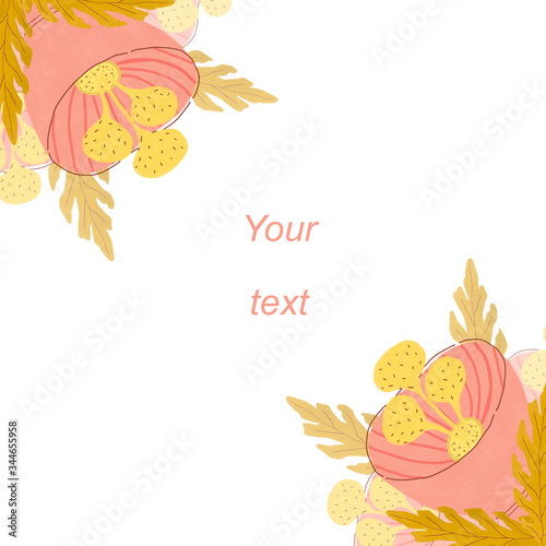 Corner frame, template for invitation, greeting card, wedding printing. Large pink flowers and green leaves on a white.