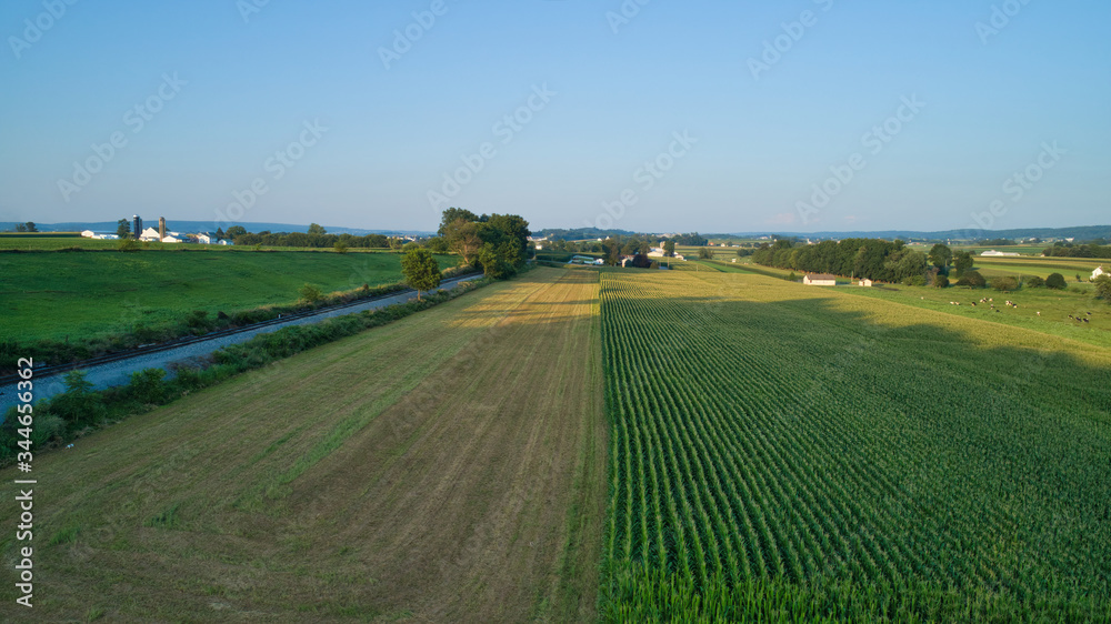Aerial view of farm lands and corn crop with a train right of way in late afternoon