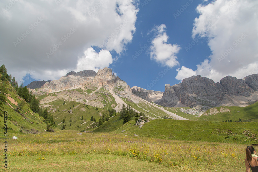 fuciade Passo San Pellegrino. Landescape of the San Pellegrino Pass, Val di Fassa, Trentino Alto Adige, Italy. The idyllic valley of Fuciade, near Passo San Pellegrino in the Dolomites