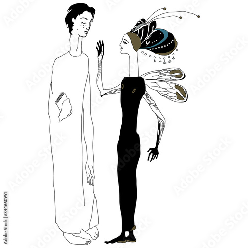 Two fantastic standing character. Meeting of young man and woman. Beautiful lovers. Original style art. Male and female archetypes. Isolated vector illustration.