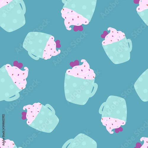 Bright pattern with latte on a blue background. Vector illustration.
