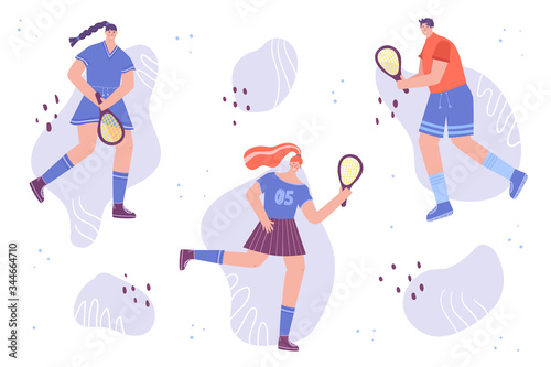 Women and a man in a sports uniform with a racket. People play tennis. Vector illustration.