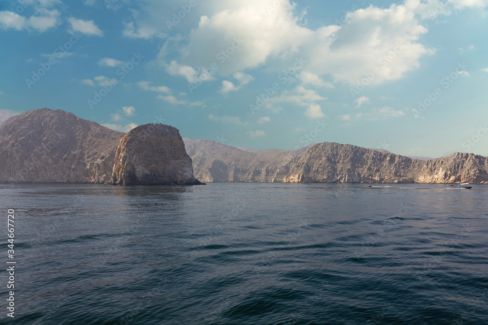 Mountain sea view, fjord landscape, Oman, Khasab