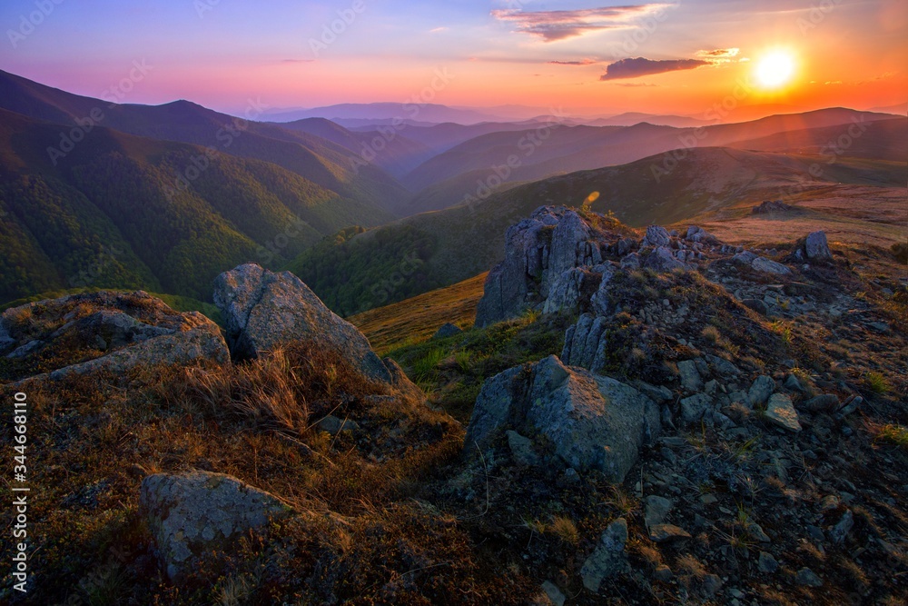 stunning summer sunset image, majestic sundown scenery, awesome evening landscape, beautiful nature background in the mountains, Carpathians, Ukraine, Europe, Borzava range
