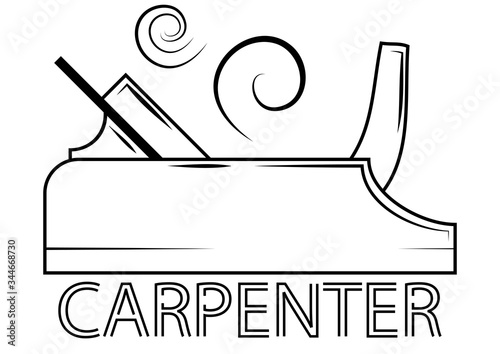 Hand instrument for wood working. Planer with shavings. Carpenter design element in outline style for a logo, label, badge, T-shirts. Carpentry planer