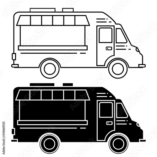 Food trucks in glyph and outline style, isolated on white background. Illustration of truck in thin line. Festival of street food. Market in the street. Vector