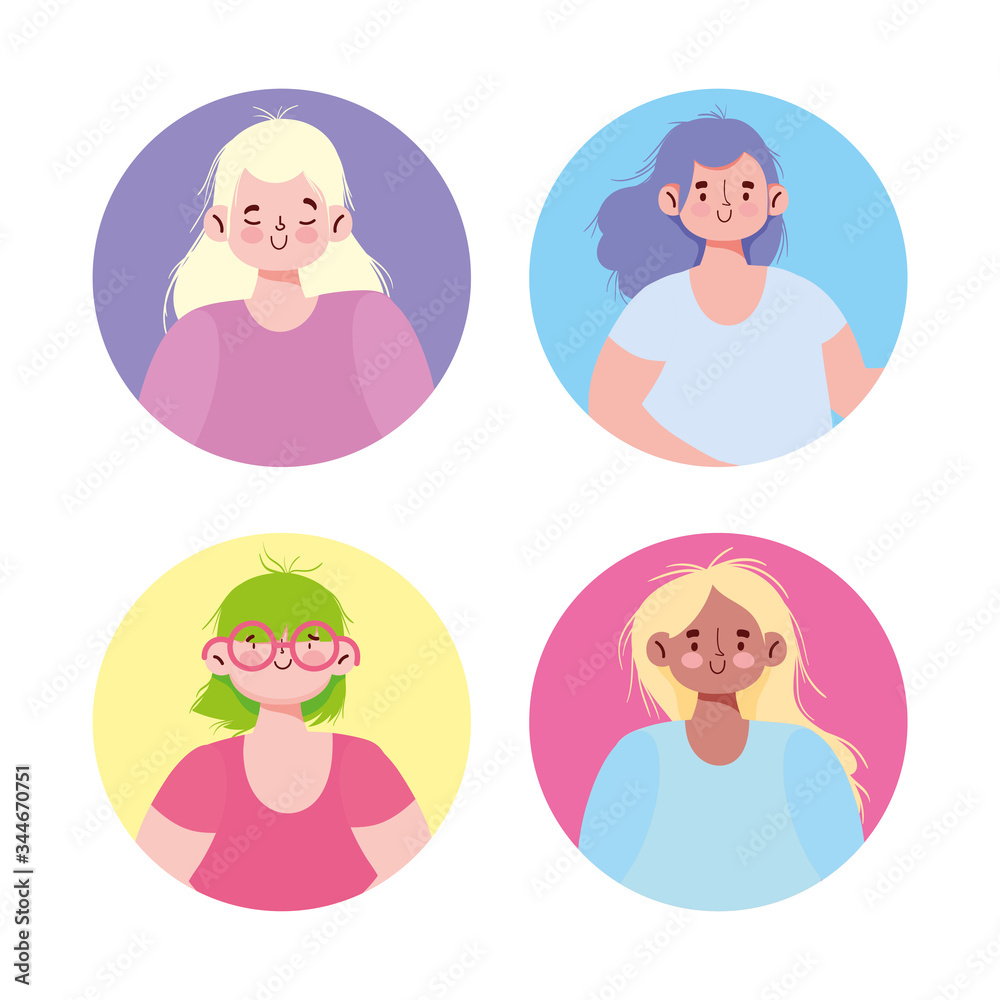 young women character female portrait cartoon set young women character female portrait cartoon set