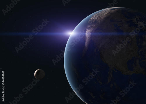 Planet earth and moon in the space wiyh lens flare. Science fiction 3D render. Elements of this image were furnished by NASA