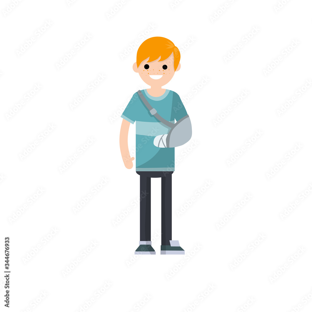 Man with broken arm in plaster in hospital. Patient and trauma. Medical care. treatment of the guy. Cartoon flat illustration. Health problem. Bandage and hand. Man with broken arm in plaster in hospital. Patient and trauma. Medical care. treatment of the guy. Cartoon flat illustration. Health problem. Bandage and hand.