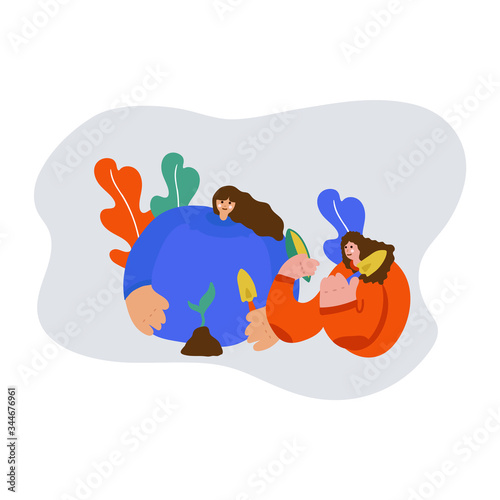Illustration of a family planting a joint. Freehand drawing illustrating the learning process of plant growing. Family drawing, two sisters spending time together