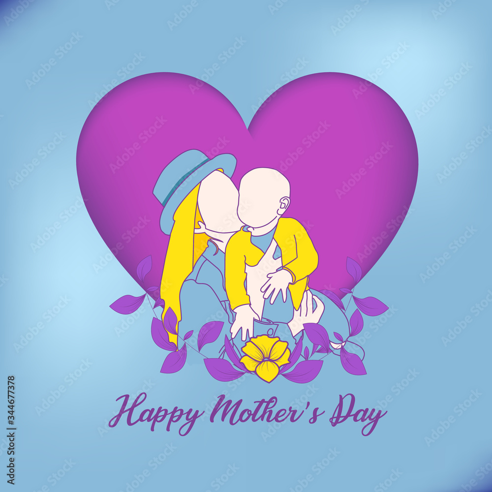 Happy mothers day card with floral illustration mother and baby on paper cutting love Happy mothers day card with floral illustration mother and baby on paper cutting love